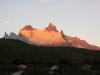 Campingplatz Lago Pehoé, Sonnenuntergang über Los Cuernos und Cerro Paine Grande